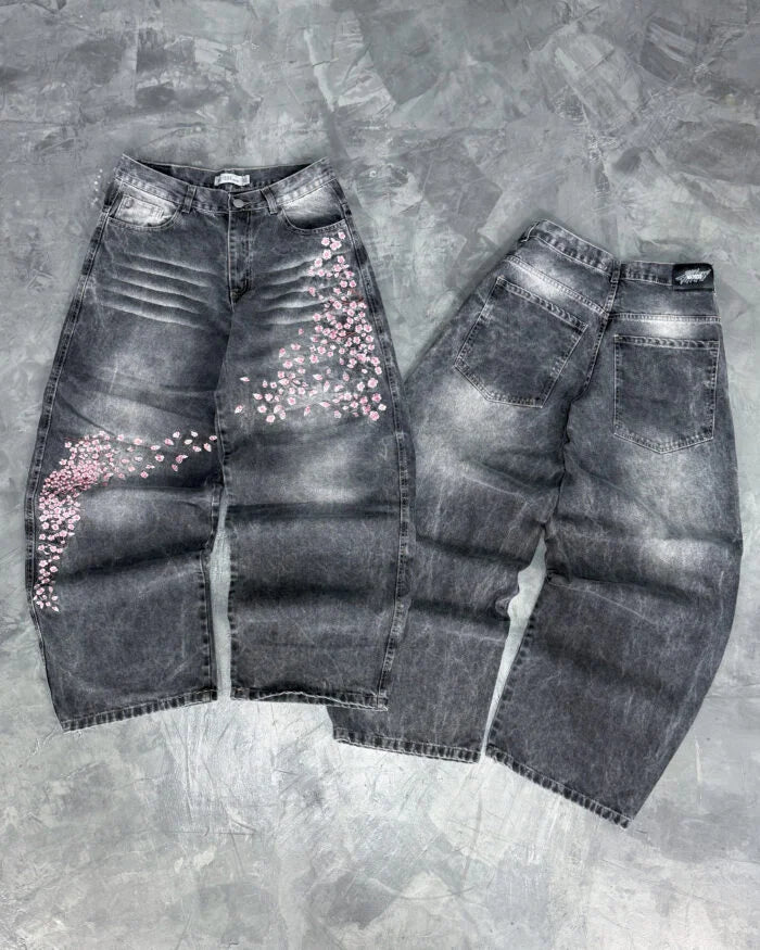 2026 Gray and White Retro Low Waist Hip Hop Cherry Blossom Embroidered Jeans Wide Leg Pants Y2K Clothes Men Women Loose Jeans