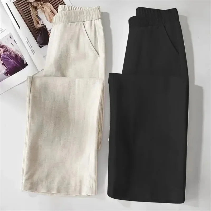 Linen Wide Leg Pants Women New Summer Thin Elastic High Waist Long Pants Autumn Casual Loose Cotton And Linen Straight Trousers