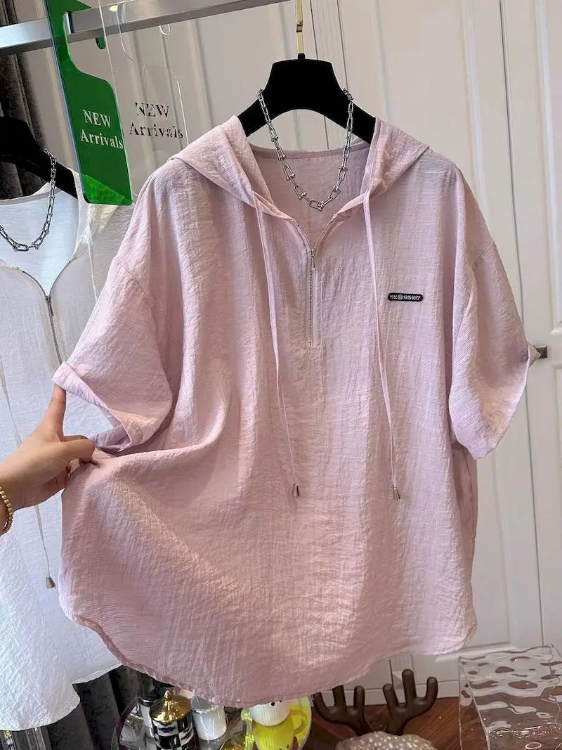 Oversized T Shirts Women Summer Hooded Short Sleeve T-shirt French Thin Tops Fashion Loose Design Niche Hoodie Tshirt Woman 2026
