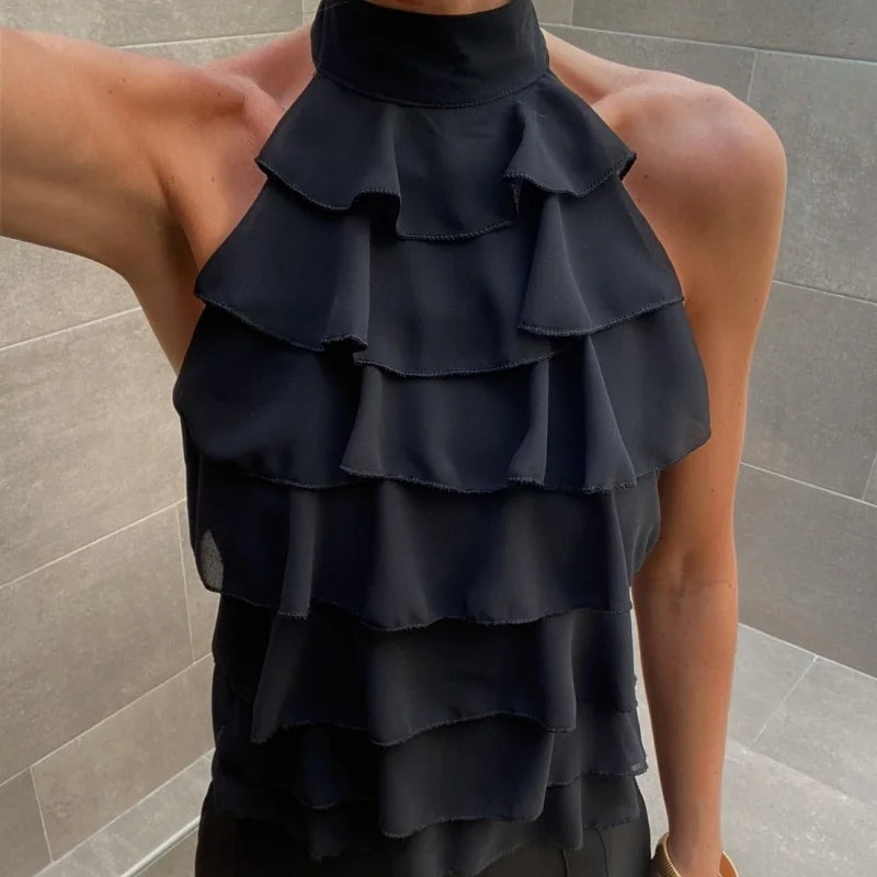 Women's Ruffle Layered Chiffon Crop Halter Vest Top 2026 Summer Sleeveless Going Out Tank Tops Y2k Streetwear