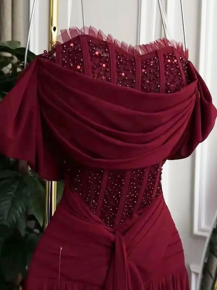 Off-Shoulder Beaded Corset Ruched Mermaid Gown | Crystal Sequin Formal Prom & Gala Evening Dress