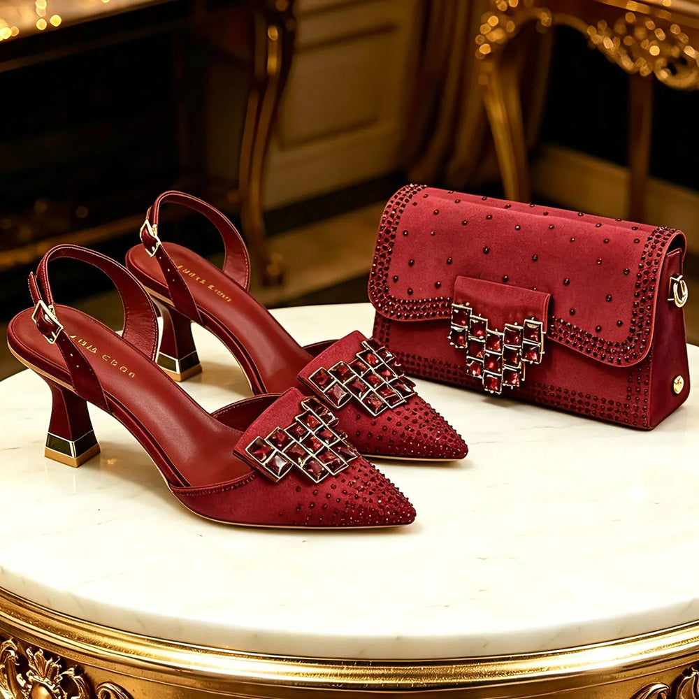Venus Chan 2026 INS Italy Elegant Rhinestone Pointed Toe High Heels & Matching Bag Set - Perfect for Women's Parties & Weddings
