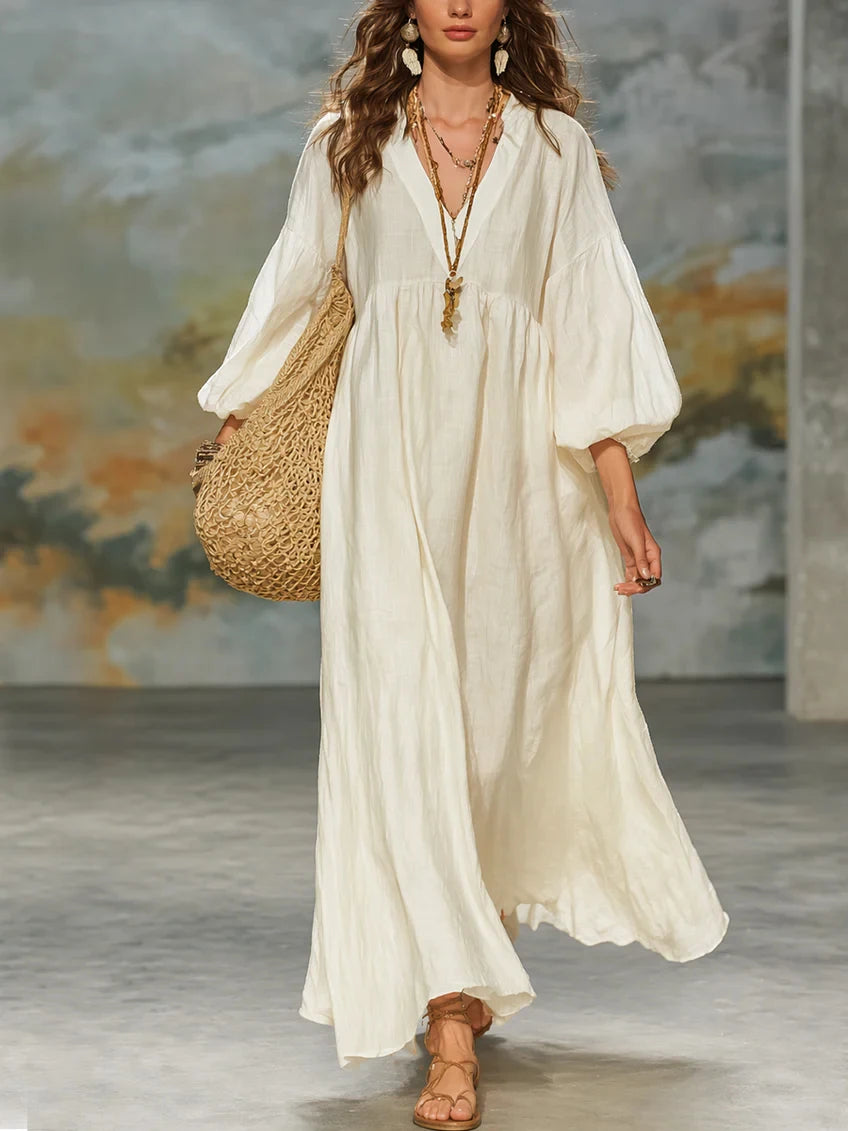 Women Bohemian Linen Maxi Dress V Neck Puff 3/4 Sleeve Loose Flowy Long Dress Casual Beach Vacation Sundress