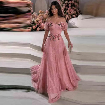 Spaghetti Strap 3D Floral Lace A-Line Evening Gown | Sweetheart Formal Dress with Sweep Train
