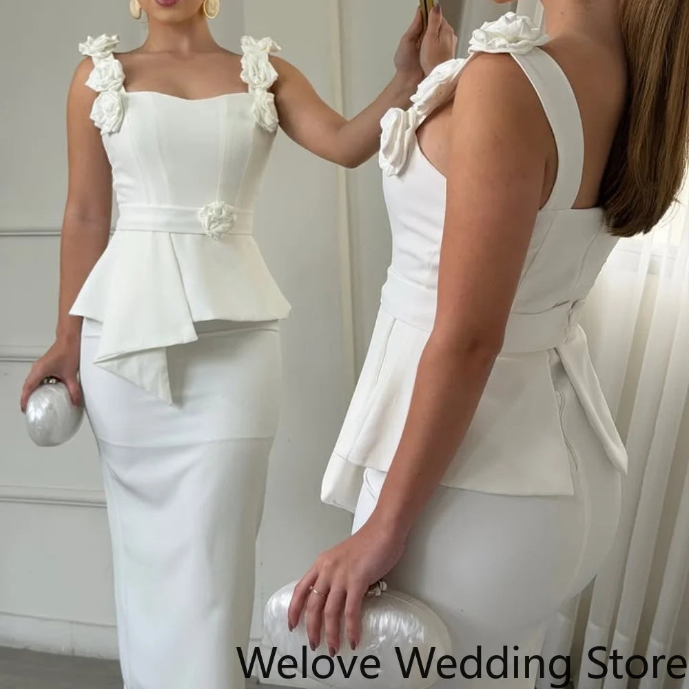 Customized Elegant White Wedding Guest Cocktail Dress 3D Flower Decorated Shoulder Straps Corset Bodice Floral Waist