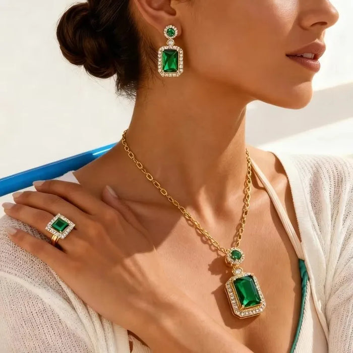 Women's Green Rhinestone Jewellery Set | Pendant Necklace, Earrings & Ring | Braviixx
