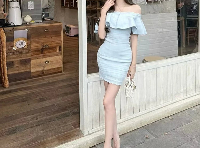 Off-the-shoulder Ruffle Dress Fashionable Summer New Slim-fitting and Thin Waist-wrapped Hip Skirt