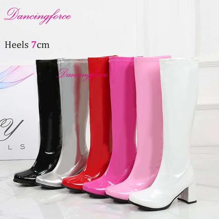Silver Patent Go-Go Boots – 60s 70s Retro Block Heel | Knee High Square Toe Halloween Boots