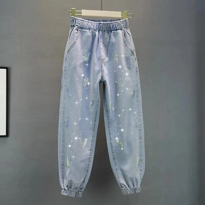 High waisted Jeans For Summer 2026 New Loose Elastic waist Hot pressed Diamond Pants Women's Casual Denim Trousers