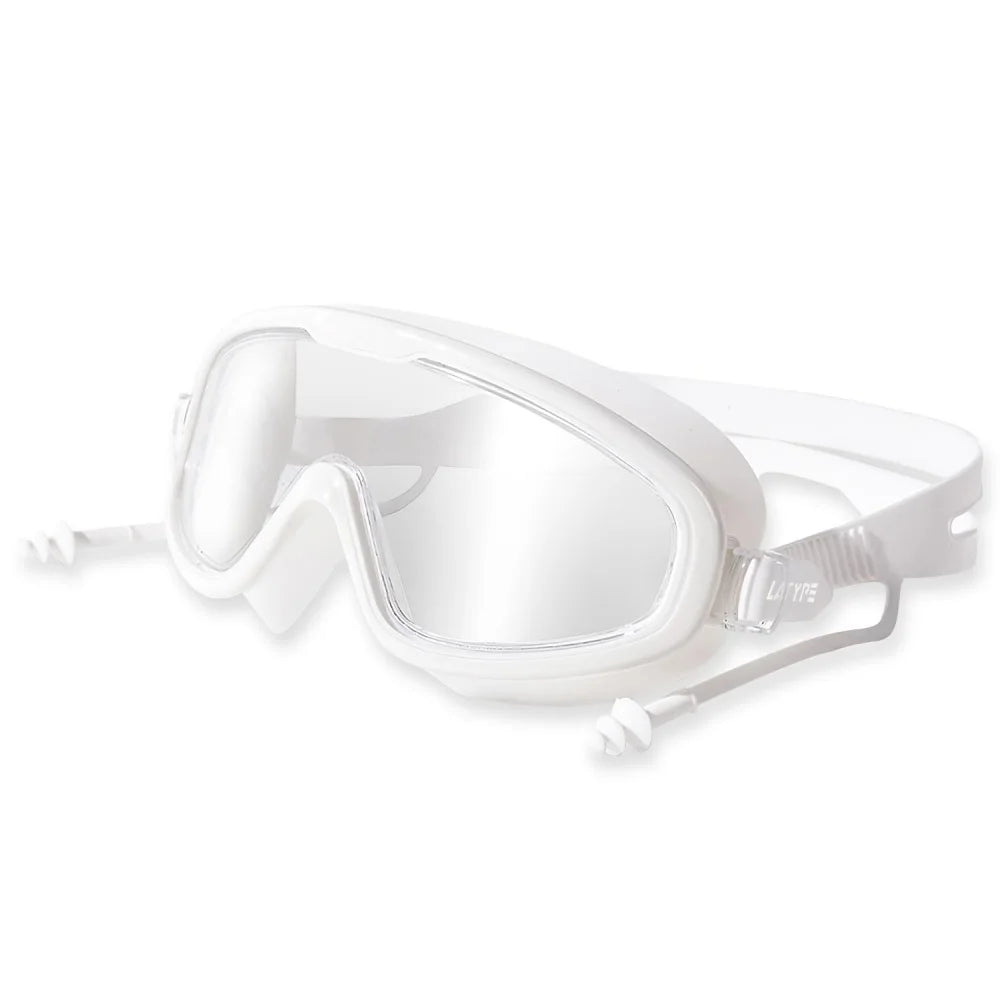 Adult Swimming Goggles | Wide Frame · Anti-Fog · Waterproof · Ear Plugs Included | White · Black | Braviixx