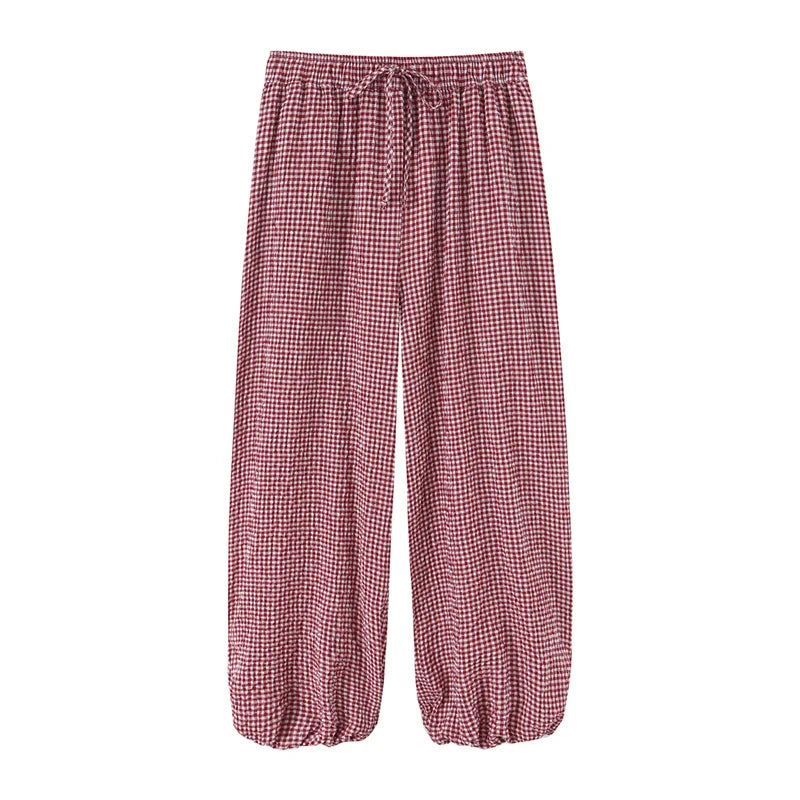 Women's Long Pants 2026 Summer New Style Red Plaid Drawstring Lantern Pants Long Pants Beach Vacation Casual Fashion