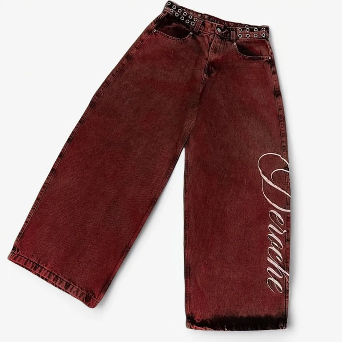 Vintage 2000s Washed Red Rivet Waist Belt Jeans Casual Denim Pants Straight Wide Leg Jeans Harajuku Y2k Women Clothing