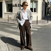 2026 Fall Winter Elegant Gray Suits Pants for Women Office Lady High Waist Wide Leg Fashion Trousers with Pockets Black Pant
