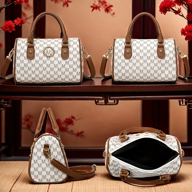Letter-Print Barrel Crossbody Bag | Twin Handles & Zip Closure | Braviixx