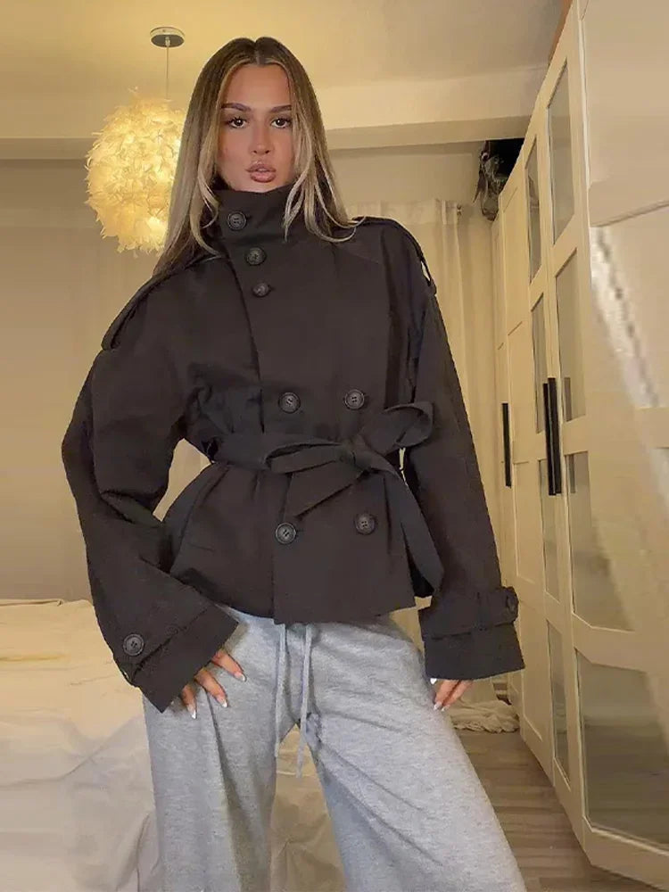 Women's Coats Jacket Double Breasted Belted Cropped Trench Coat Stand Collar Long Sleeve Casual New Arrival Outerwear For Ladies