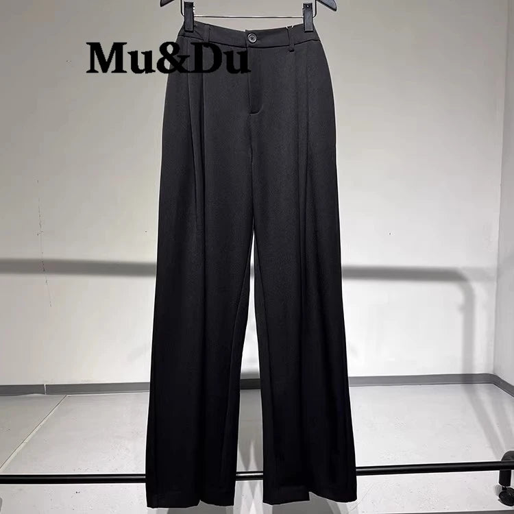 2026 Fall Winter Elegant Gray Suits Pants for Women Office Lady High Waist Wide Leg Fashion Trousers with Pockets Black Pant