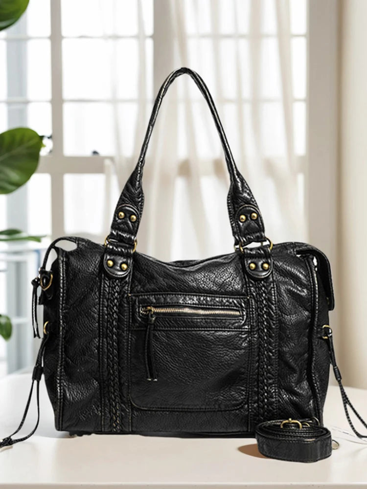 Leather Retro Shoulder Bag for Women with Pockets Utility Handbags Top Handle Bag Shopper Bag for Work Travel