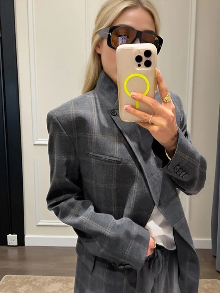 Women Stand Collar Irregular Plaid Blazer Jackets Long Sleeve Split Loose Short Jackets 2026 Stylish Lady Daily Commute Outwears