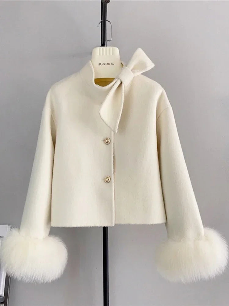 Women's Bow-Neck Short Coat | Fluffy Cuffs & Button Front | Braviixx