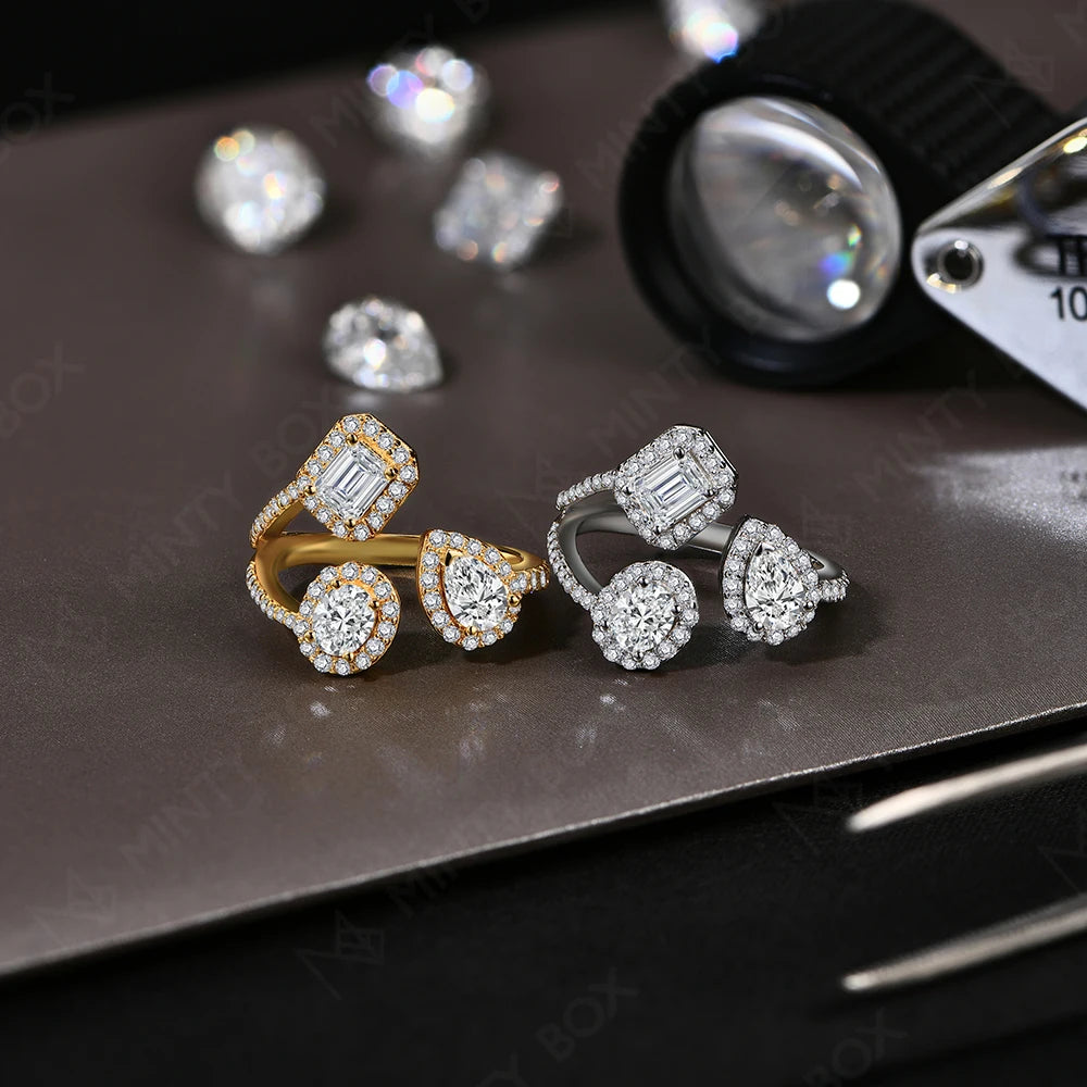 Women's Moissanite Open Ring | Three Mixed-Shape Halos | Braviixx
