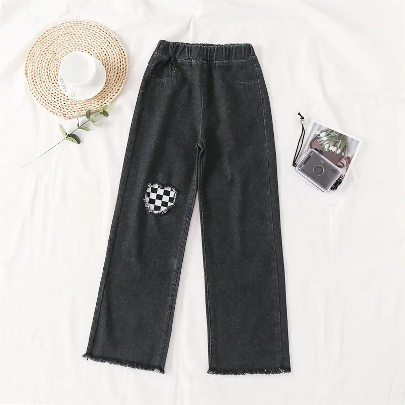 2026 Newest Children's High Waisted Straight Fit Ripped Jeans With Holes For Girls Casual Denim Pants For 5 7 9 11 13 14 Years