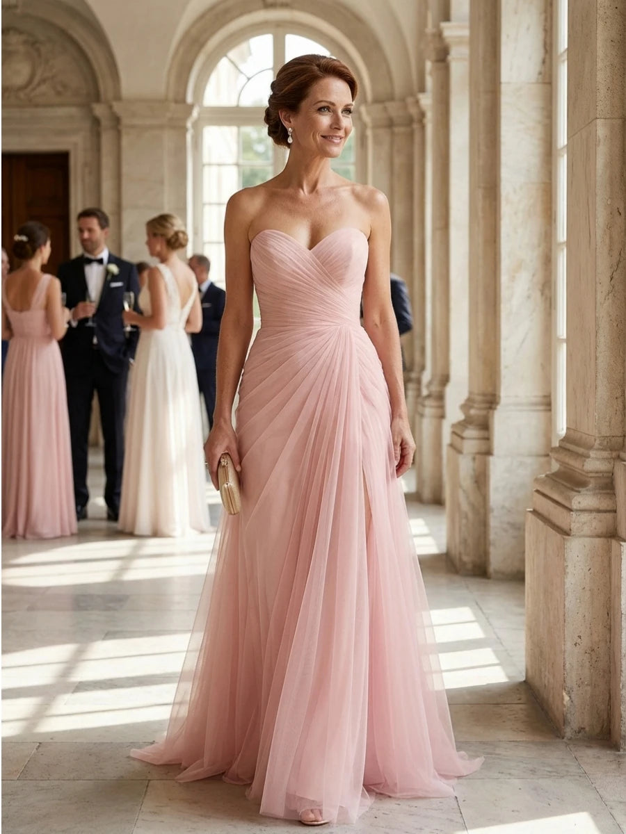 Sweetheart Strapless Ruched Tulle Gown | High Slit Lace-Up Formal Bridesmaid & Wedding Guest Dress