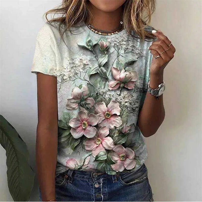 3D Flower Print T-Shirt | Summer Short Sleeve Graphic Tee | Braviixx