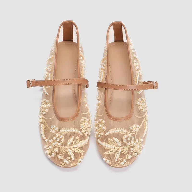 White Pearl Mesh Embroidery Ballet Flats Women Elegant String Bead Flat Sandals Light Summer Mary Jane Shoes Zapatos De Mujer