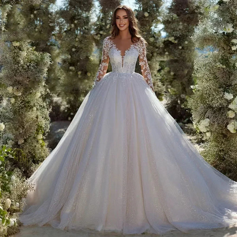 Glitter Tulle Wedding Dress | Floral Illusion Sleeves | Braviixx