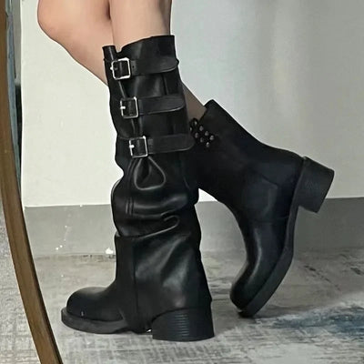 Women's Y2K Moto Western Knee-High Boots | Triple Buckle | Rivet Toe | Dark Brown · Black | EU 35–41
