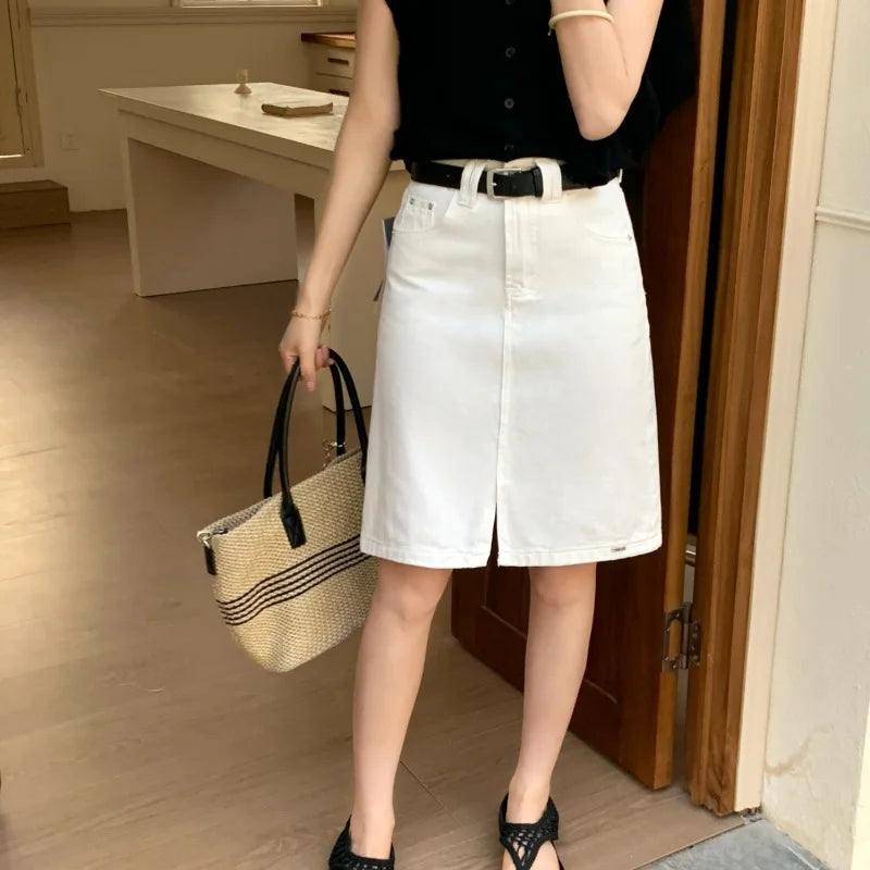 Women's Off White With Belt Denim Mini Skirts Summer 2026 Fashion High Waisted Casual Split A-line Jeans Skirt Female