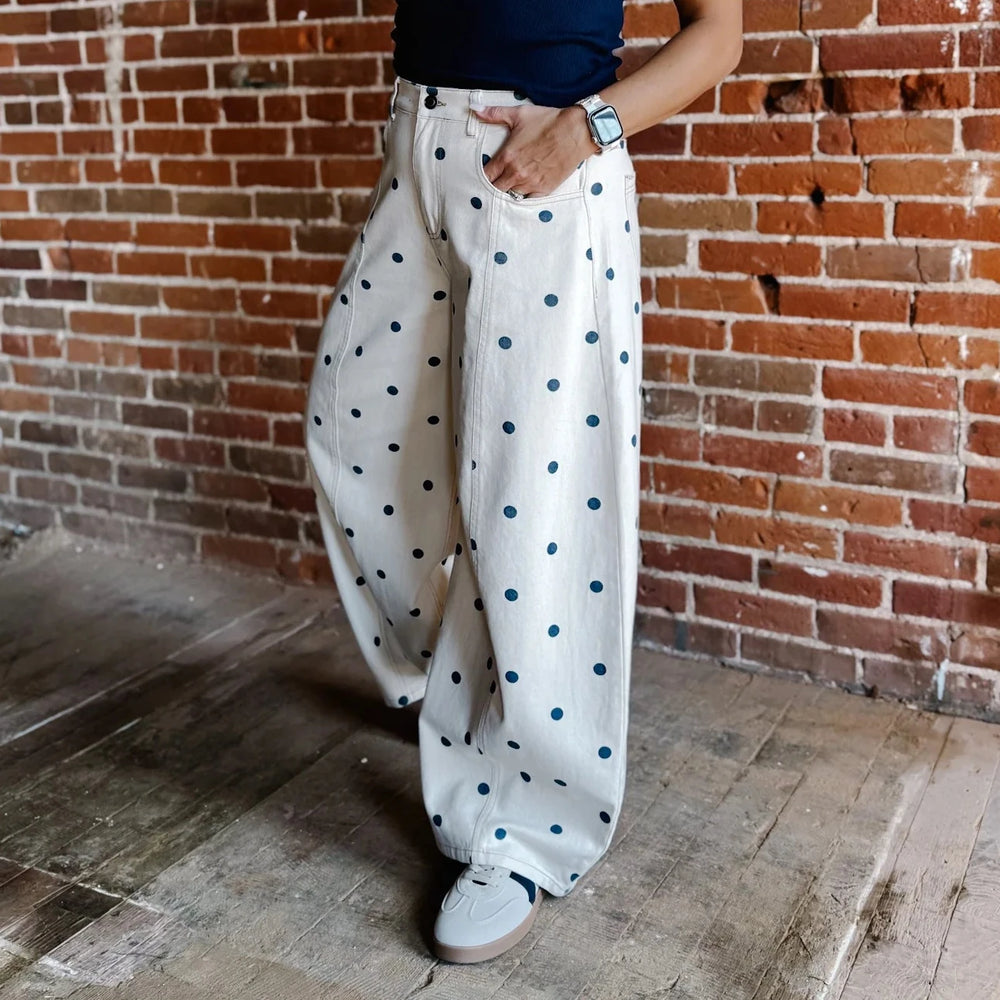 Fashion Women Barrel Jeans Dot Print Loose Denim Pants Spring Casual Baggy Trousers Fashion Wide-Leg Pants