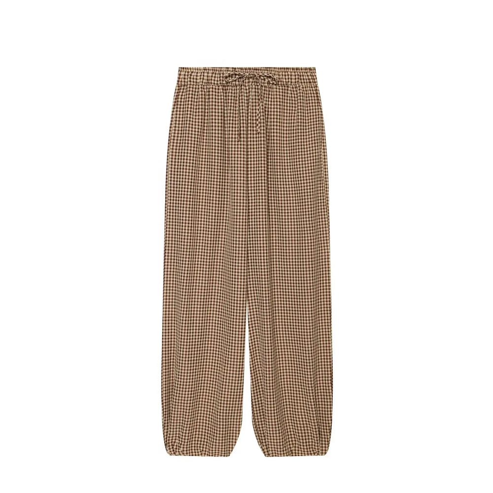 Women's Long Pants 2026 Summer New Style Red Plaid Drawstring Lantern Pants Long Pants Beach Vacation Casual Fashion