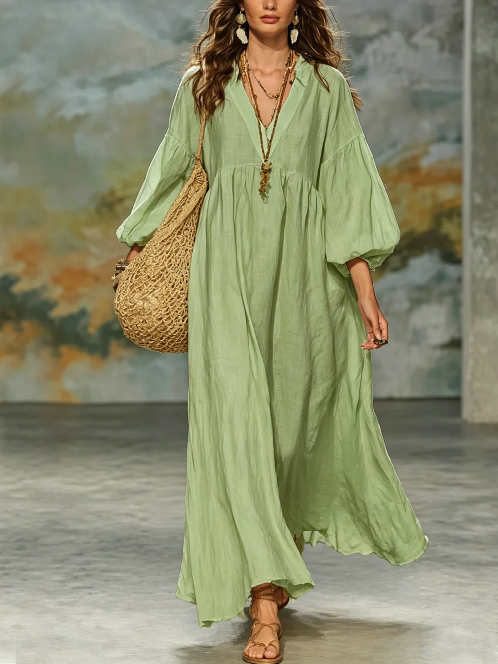 Women Bohemian Linen Maxi Dress V Neck Puff 3/4 Sleeve Loose Flowy Long Dress Casual Beach Vacation Sundress