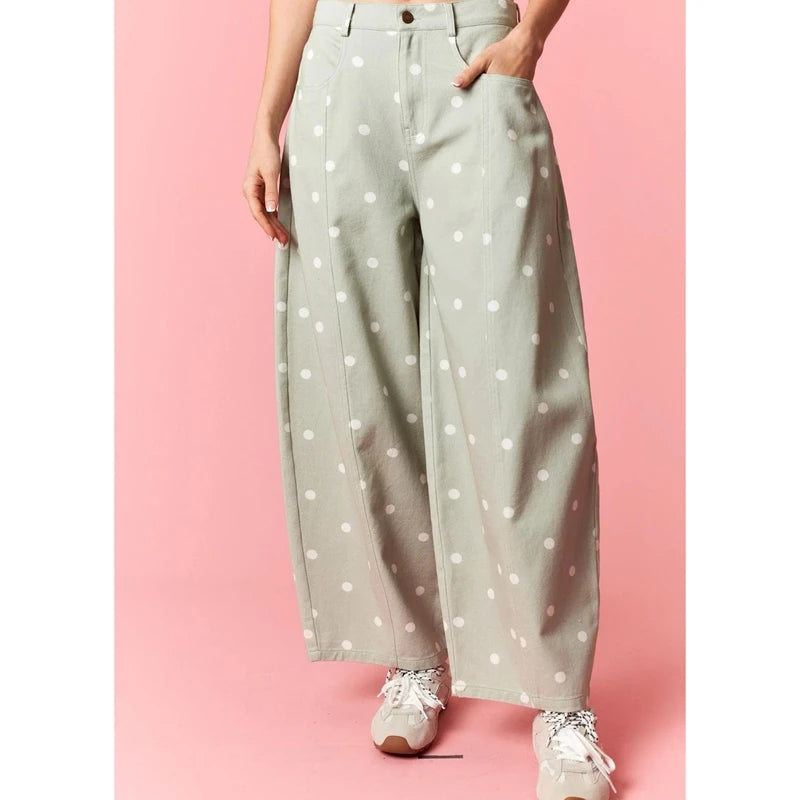Fashion Women Barrel Jeans Dot Print Loose Denim Pants Spring Casual Baggy Trousers Fashion Wide-Leg Pants