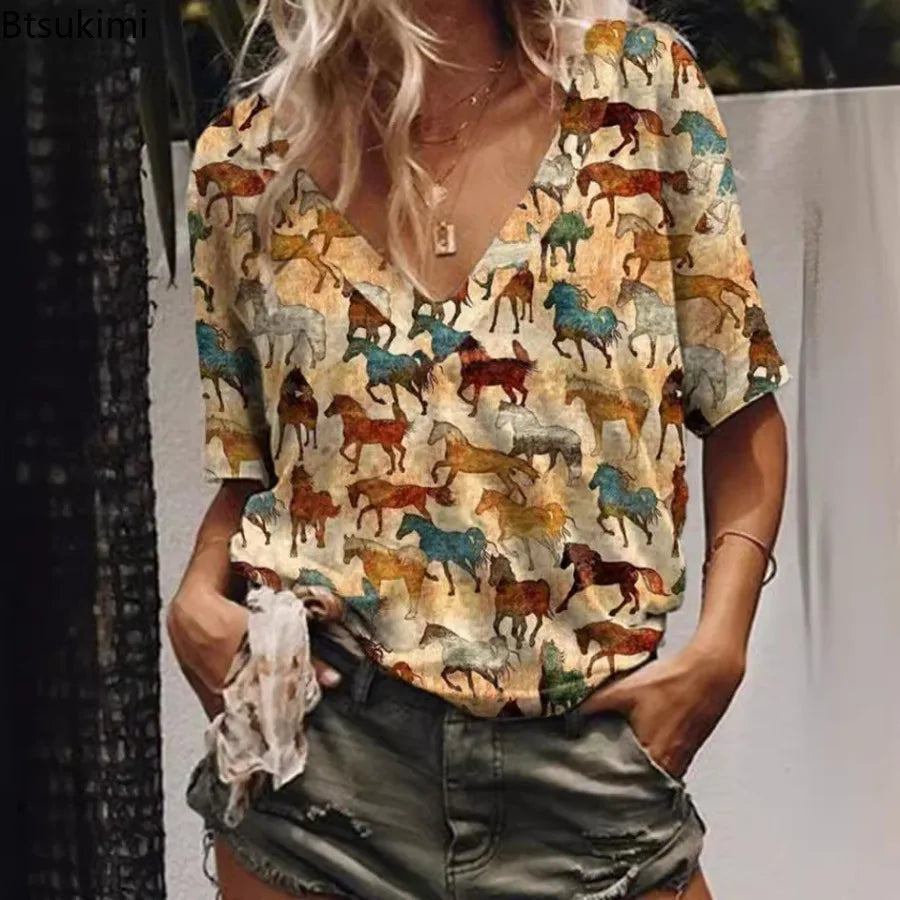 2026 Summer Floral Women's V-Neck Digital Printing T-Shirt Denim Short Sleeve Western Style New Arrival Polyester Fiber T-Shirt