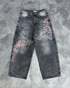 2026 Gray and White Retro Low Waist Hip Hop Cherry Blossom Embroidered Jeans Wide Leg Pants Y2K Clothes Men Women Loose Jeans