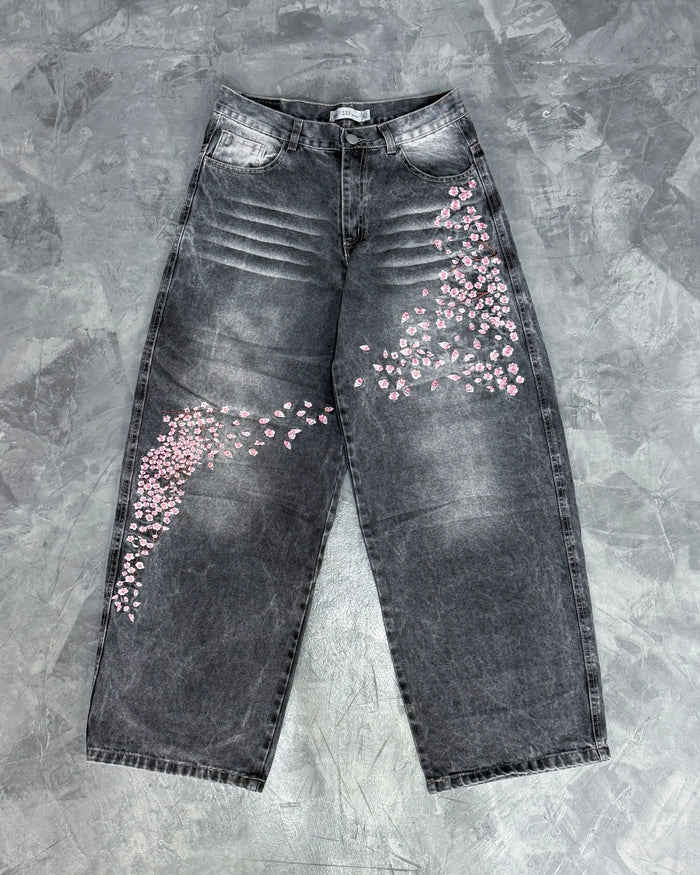 2026 Gray and White Retro Low Waist Hip Hop Cherry Blossom Embroidered Jeans Wide Leg Pants Y2K Clothes Men Women Loose Jeans