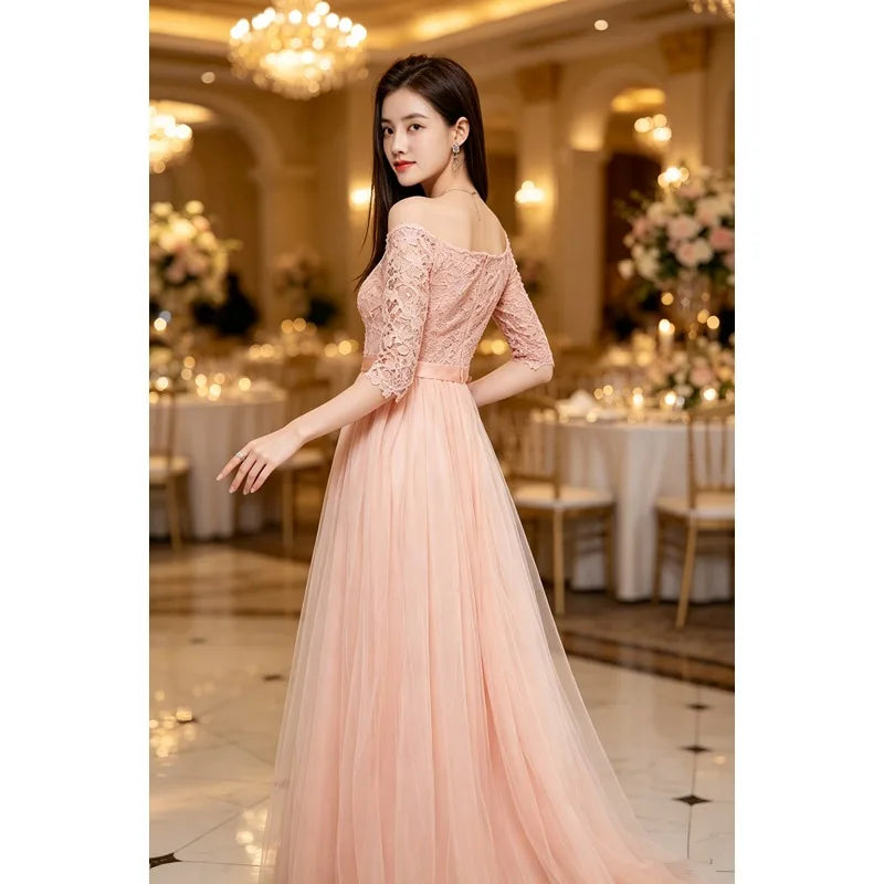 V-Neck Off Shoulder Lace Tulle A-Line Maxi Gown | Bridesmaid & Wedding Guest Dress