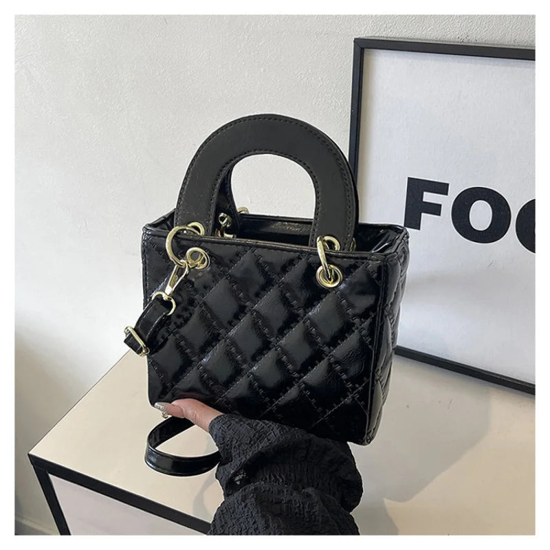 Women's Diamond Quilted Mini Square Handbag | Top Handle · Gold Chain · Crossbody | Black · Burgundy · White | Braviixx