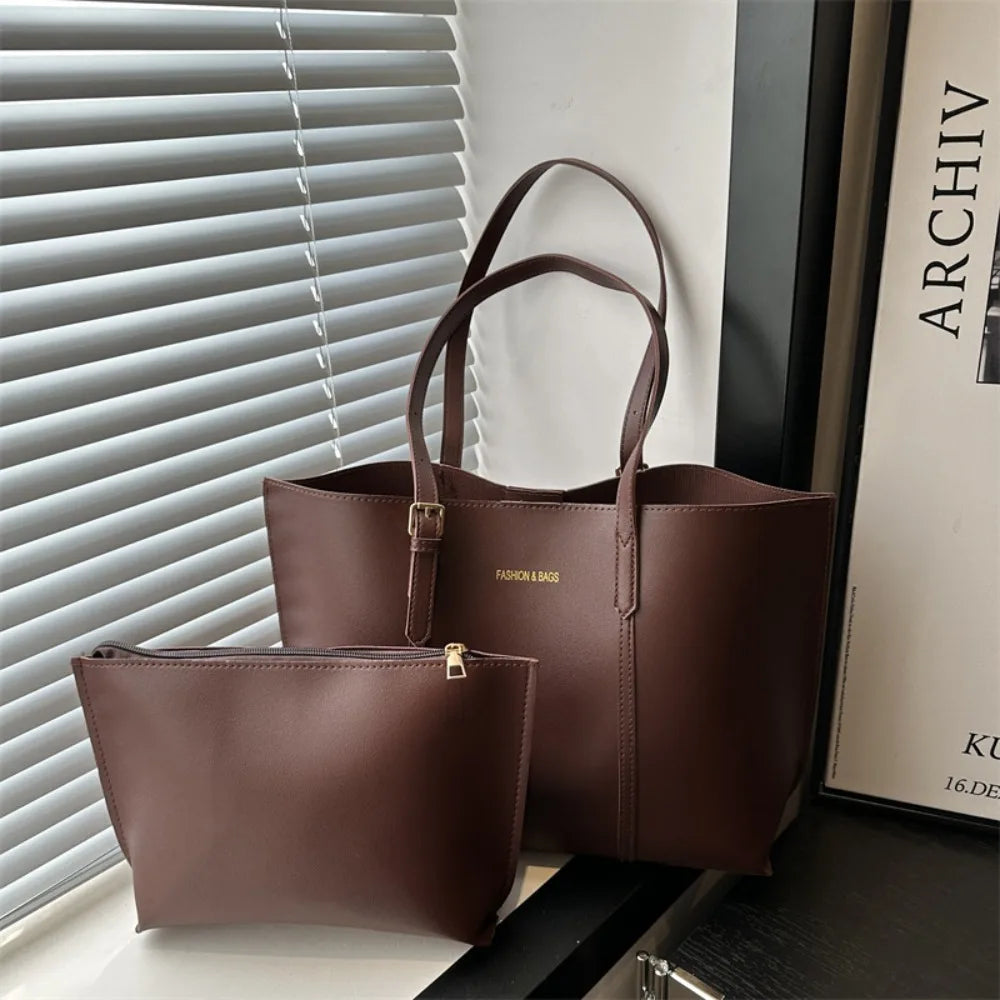 Women's Large Capacity Soft PU Tote Bag 2-Piece Set | Shoulder · Zipper Pouch | 5 Colours | Braviixx