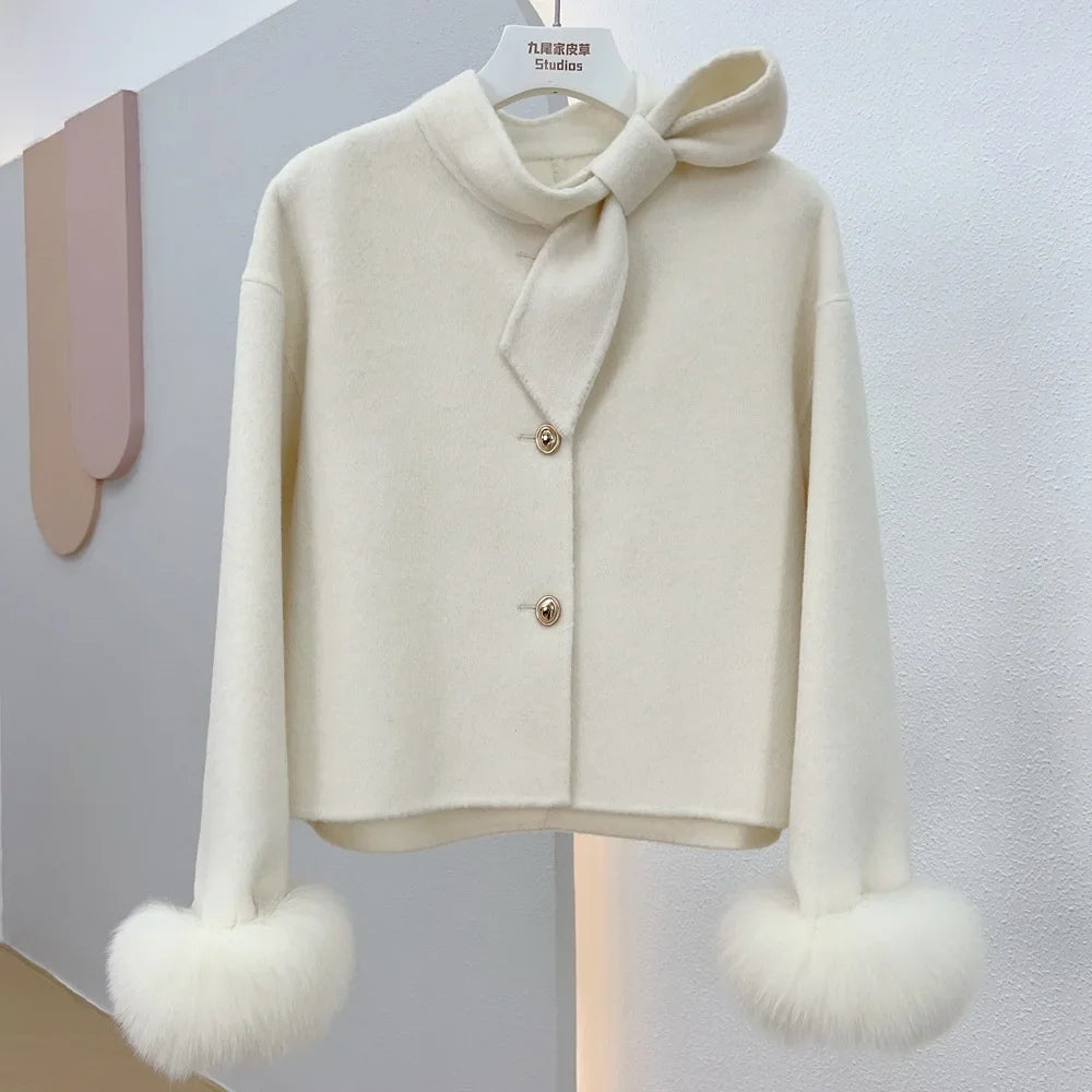 Women's Bow-Neck Short Coat | Fluffy Cuffs & Button Front | Braviixx