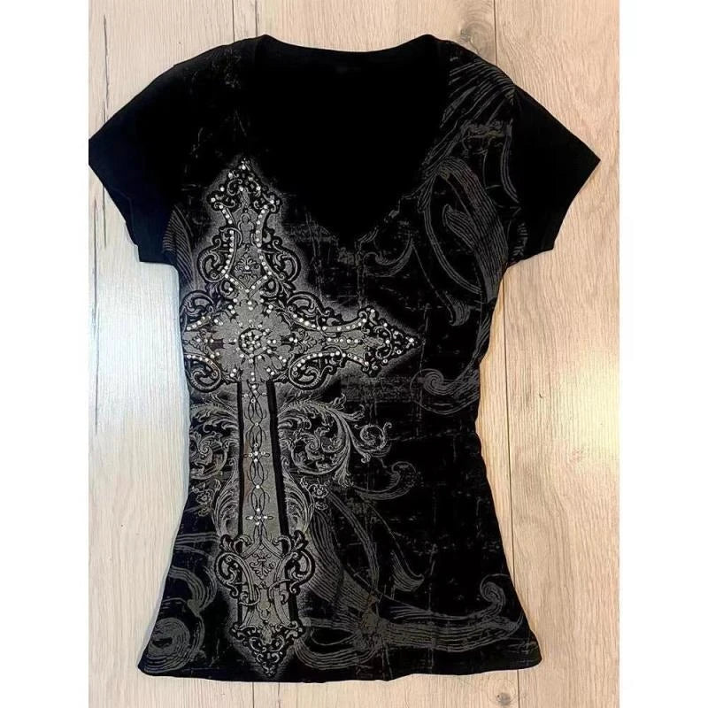 Women Grunge T-shirts 2026 Summer Bottoming Crop Tops Vintage Slim Harajuku Causal Black Tshirts Y2k Aesthetic Flower Printing