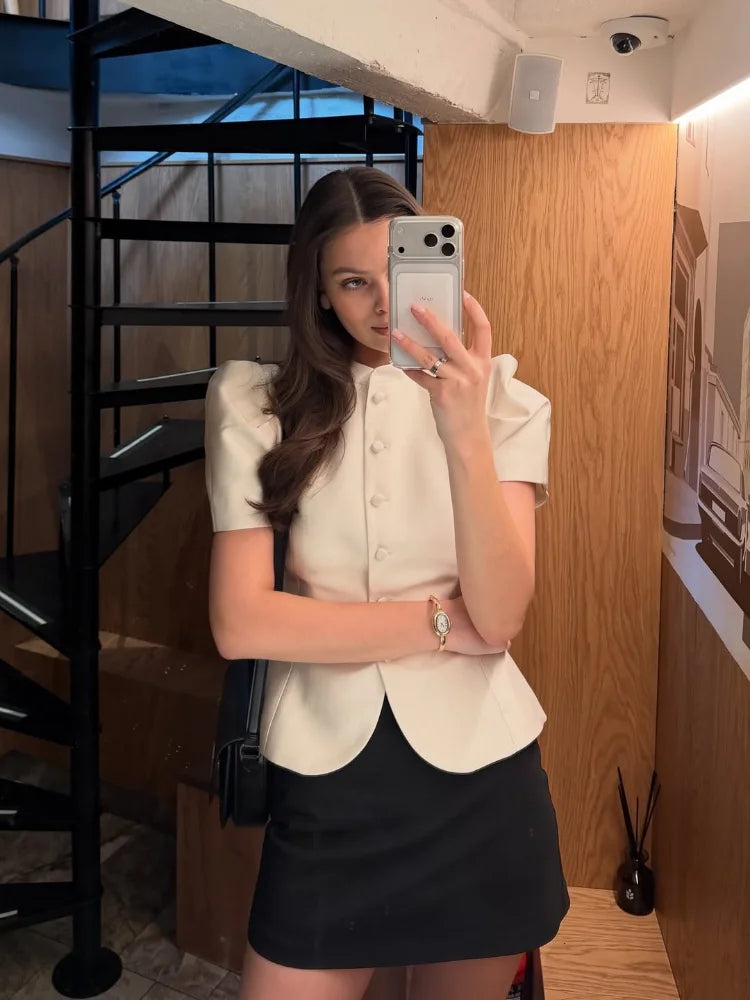 Elegant Solid Satin Coat Women Chic Round Neck Puff Short Sleeve Single Breasted Waist Cinching Jacket 2026 Lady Street Top