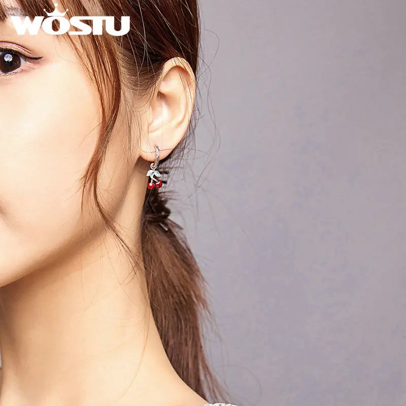 WOSTU 925 Sterling Silver Red Cherry  Drop Dangle Earrings For Women , Wedding Hoops Earrings Women Fine Jewelry GIft