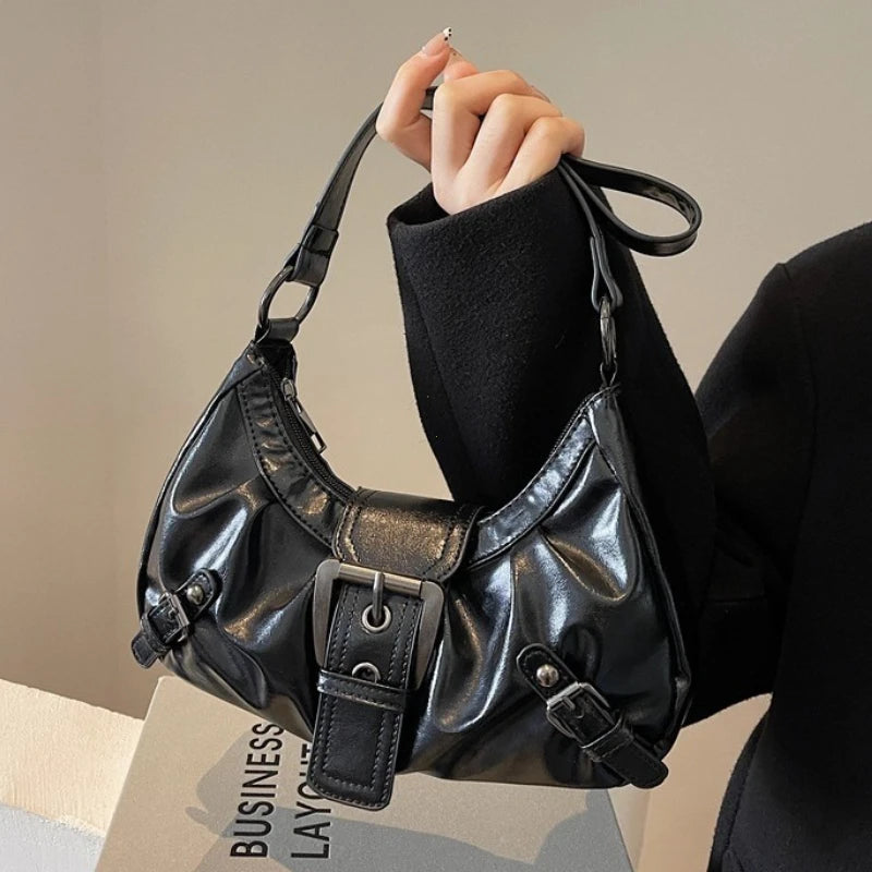 Pleated Hobo Shoulder Bag | Glossy Finish & Buckle Details | Braviixx