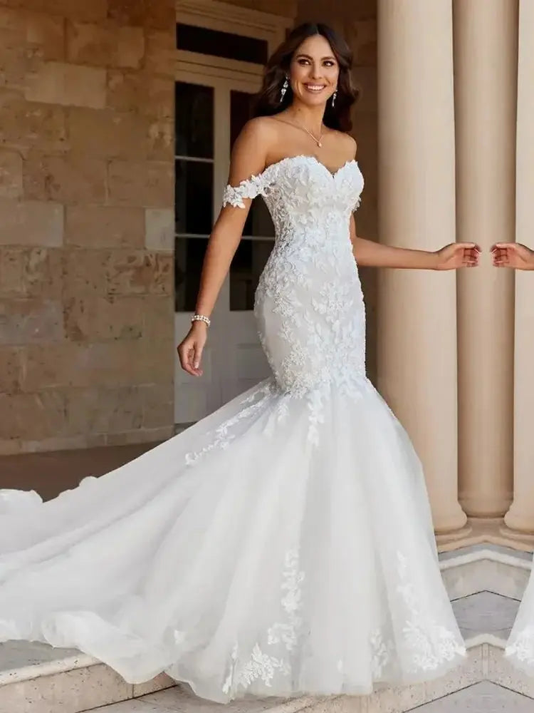 Boho Off-Shoulder Mermaid Wedding Gown | Lace Appliqué Tulle Sweep Train Bride Dress