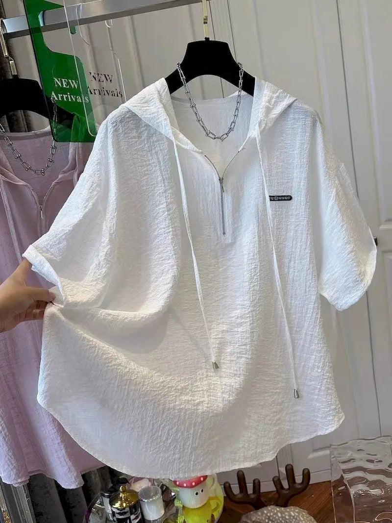 Oversized T Shirts Women Summer Hooded Short Sleeve T-shirt French Thin Tops Fashion Loose Design Niche Hoodie Tshirt Woman 2026