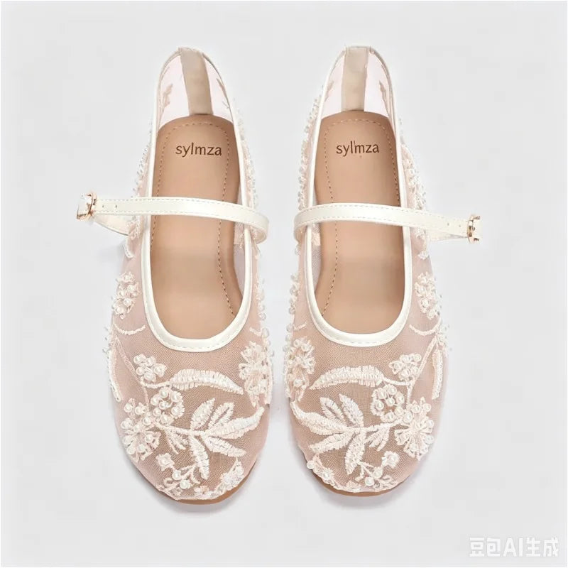 White Pearl Mesh Embroidery Ballet Flats Women Elegant String Bead Flat Sandals Light Summer Mary Jane Shoes Zapatos De Mujer