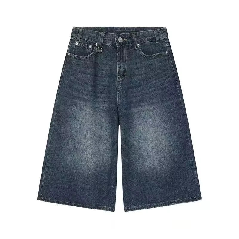 2026 Summer Y2k Retro Women Low Waisted Wash Cropped Baggy Jeans Wide Leg Frayed Denim Short Pants Korean Fashion Pants